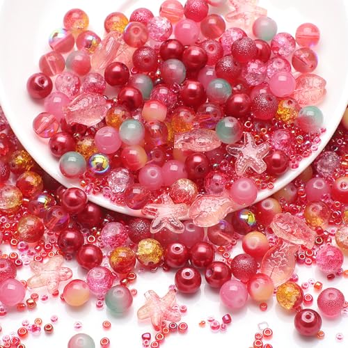 UHOMENY 8mm Round Glass Crystal Beads - Mixed Colour Big & Small Assorted Beads, Charms for Jewelry Bracelet, Necklace, Key Chains, Earring Making Crafts (Red)