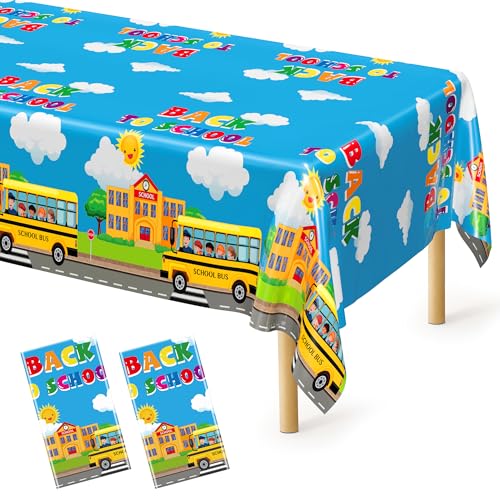 Image of 2Pcs Back to School Tablecloth, Plastic 108 x 54 In Tablecover for Students | Back to School Supplies, Waterproof Bus Table Cover, Colorful School Bus Design, Disposable for Preschool Party Decoration