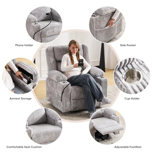 Image of Oversized Power Recliner Chair with Massage and Heat,Swivel Rocker Recliner Chair for Adults with Arm Storage,Nursery Glider Recliner with Adjustable Headrest and Side Pockets,Phone Stand,Light Grey