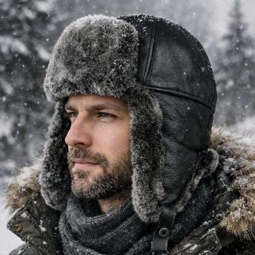 Image of Leather Aviator Russian Ushanka Trapper Shearling Sheepskin Fur Ear Flap Waterproof Winter Hat
