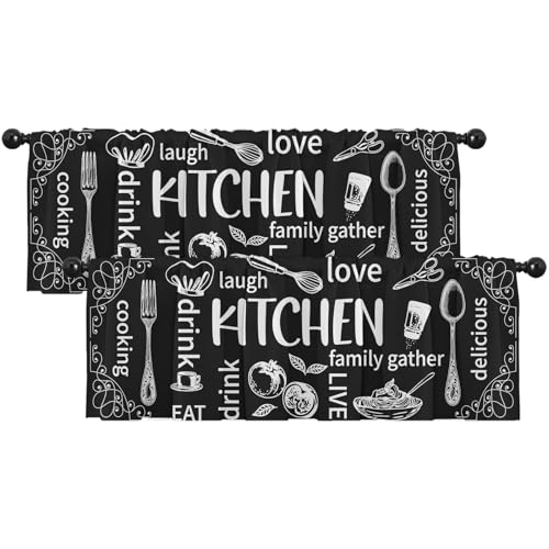 Emvency 2 Pack Valances Window Treatments, Black and White Farmhouse Kitchen Cooking Blackout Adjustable for Living Room Bathroom Bedroom Kitchen Over Sink, 18x52 Inch Rod Pocket Valances