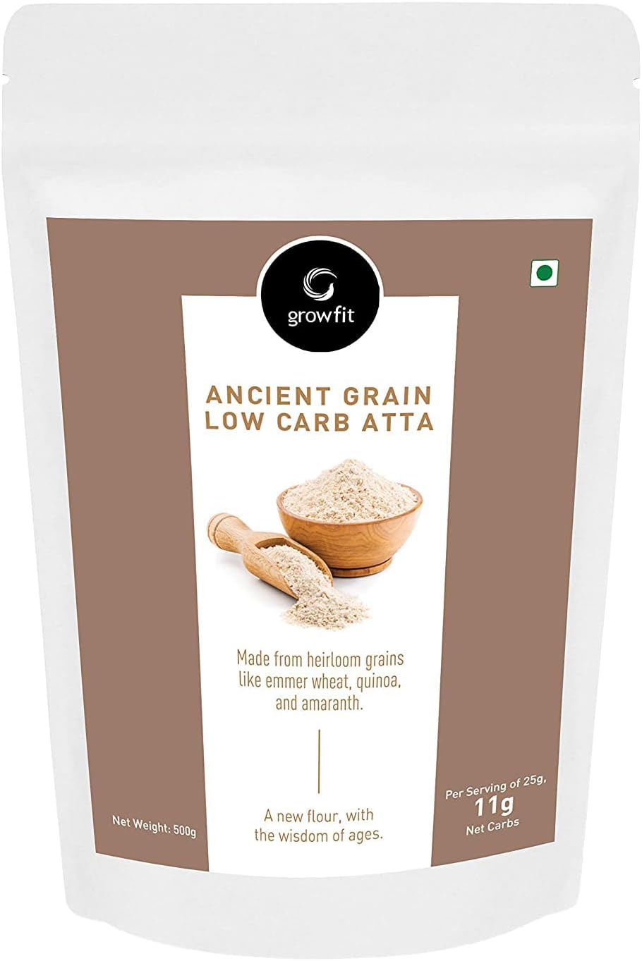 G growfit Ancient Grain Low Carb Atta (500gm), with Quinoa, Amaranth, Emmer Wheat & Psyllium Husk