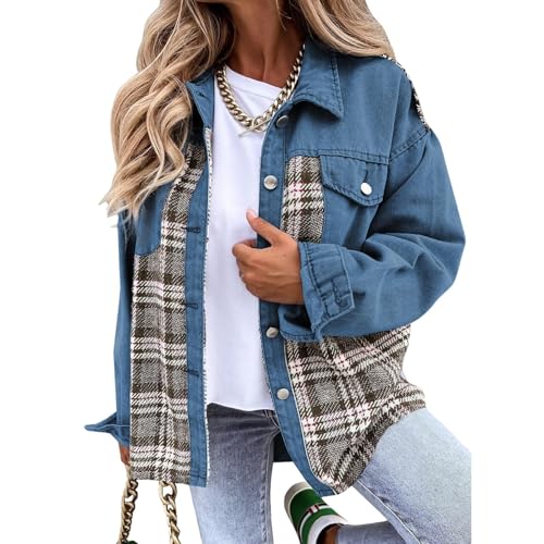 Jean Jacket Women Long Sleeve Plaid Shacket Jacket Casual Button Down Denim Shirts Fashion Boyfriend Jean Blouses