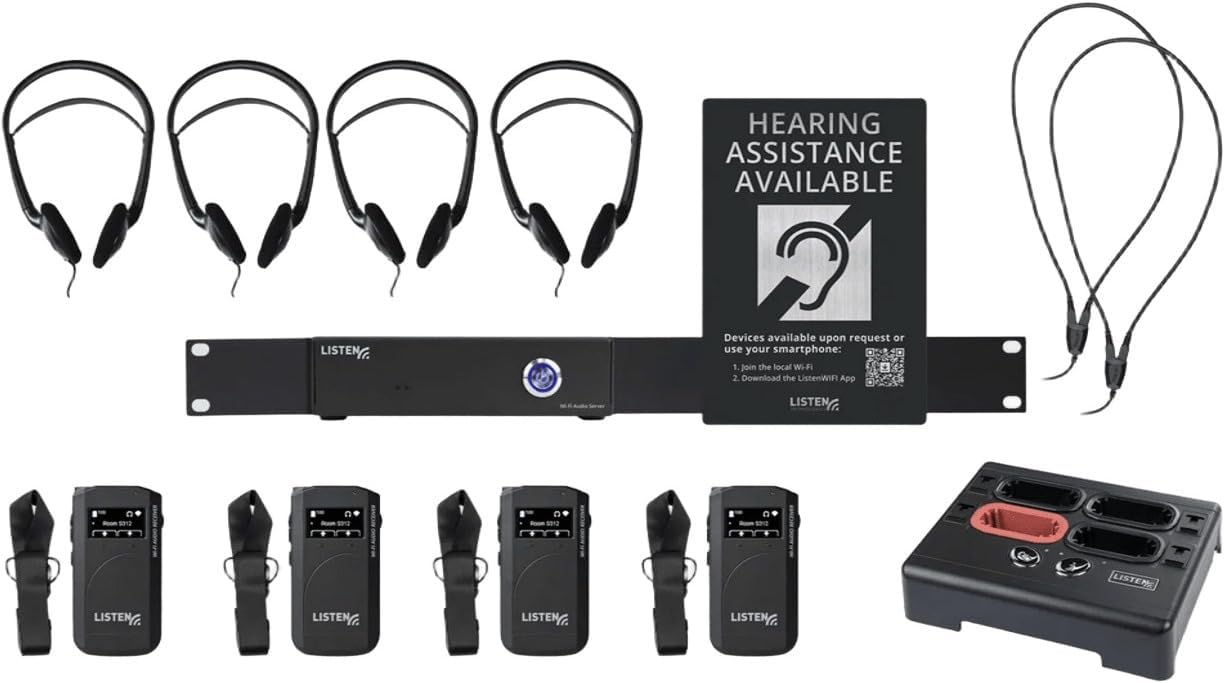Listen Technologies LWS-04B-W1-D 2-Channel Wi-Fi System with 4 Receivers (Dante), Scalable Solution, Up to 500 Users, Superior Audio Performance, Network Flexibility, Public Address Override