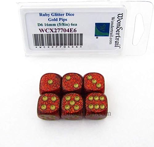 Wondertrail Ruby Glitter Dice with Gold Pips 16mm (5/8in) D6 Set of 6