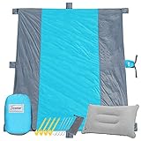Sandproof Beach Blanket with Free Inflatable Pillow, Extra Large 9’ X 10’ for 7 Adults, Portable & Foldable Waterproof Picnic Mat Set With 7 Sand Pockets, 8 Stakes for Travel, Camping and Outdoor