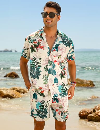 EISHOPEER Men's Flower Button Down Hawaiian Sets Casual Short Sleeve Shirt and Shorts Suits with Bucket Hats Hats Blue 3X-Large