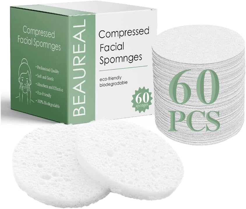 60 esponjas faciales de celulosa comprimida BEAUREAL, esponjas de limpieza facial, esponjas cosméticas 100% naturales para limpieza facial,