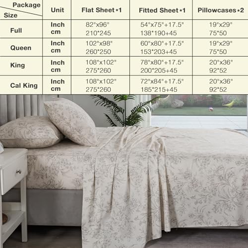 Image of Light Beige Vintage Floral Percale Sheets, Full Size 100% Cotton Flower Leaf Printed French Country Bed Sheets, Soft Crisp Deep Pocket Farmhouse Sheet Set, Cottagecore Designer Bedding, 4Pcs