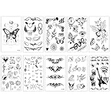Set de pegatinas de tatuajes a rayas: este set incluye 10 tatuajes temporales de estilo boceto con letras, lunas, corazones, flores, mariposas, calaveras y motivos de serpientes. Adecuados para parejas, niños, niñas o atuendos de San Valentín, satisfacen tanto las necesidades decorativas románticas como las más caprichosas.