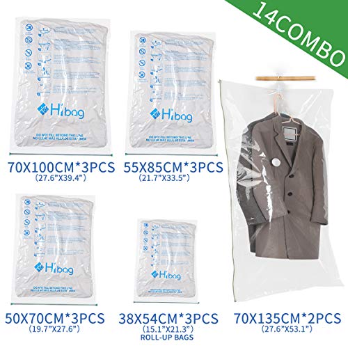Hibag Space Saver Bags, 14-Pack Vacuum Storage Compression Bags (3 Jumbo Sizes, 3 Large Sizes, 3 Medium Sizes, 3 Carry-on Travel Bags, 2 Dress Hanging Vacuum Compression Bags and 1 Free Hand Pump) - Thumbnail 2