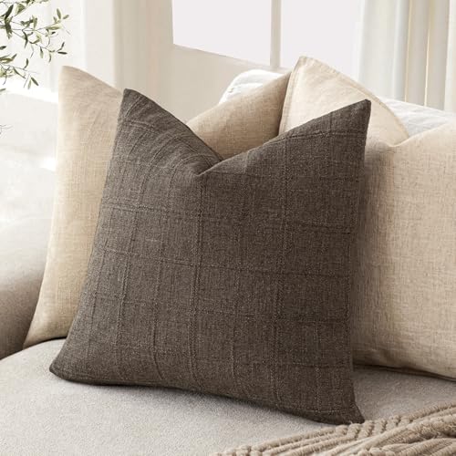Image of Foindtower Set of 1 Decorative Linen Check Throw Pillow Cover Neutral Farmhouse Vintage Cushion Cover Modern Boho Home Decor for Sofa Chair Couch Bedroom Living Room,24x24 Inch,Dark Brown