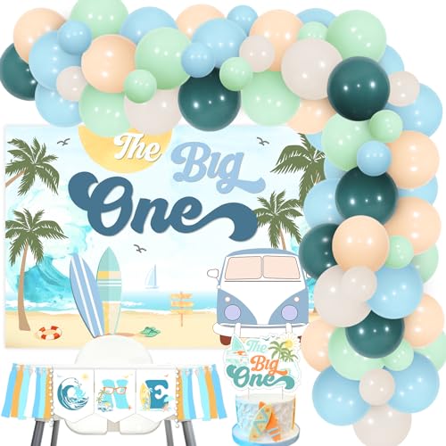 kreat4joy Surf 1st Birthday Decorations, The Big One Surf Birthday Decorations Boy, Balloon Arch with the Big One Backdrop One High Chair Banner Cake Topper for Surfing Summer Beach Boy 1st Birthday