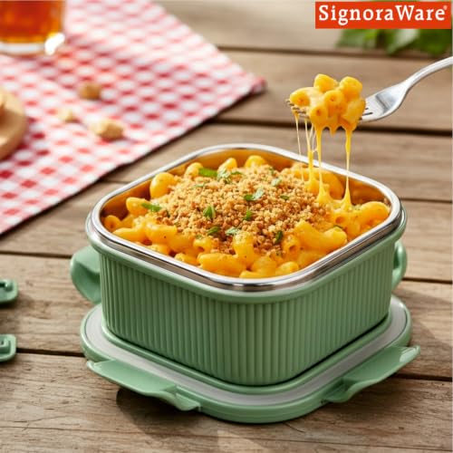 Image of Signoraware Lock N Store Microsafe Steel Square Container+ Lid(400ml,Egreen)