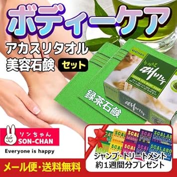 Amazon 自宅で垢すりに挑戦 アカスリタオル2枚 録茶石鹸1個 100g シャンプ トリートメント約5日から7日間分 エステのあかすり 効果を自宅でポカポカ美容効果 ソンちゃん シャンプー 通販