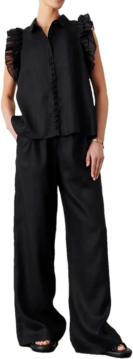 Alloaone Women Loose Beige Cotton 2 Piece Sets Outfit Sleeveless Tank Top With High Waist Wide Pants Set