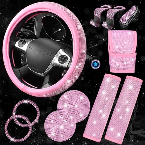 CAR PASS 11 PCS Bling Car Accessories Set for Women Sparkly Rhinestone Diamond Steering Wheel Cover Bling Seat Belt Cushion Shift Knob Cover Push Start Button Ring Car Cup Holder Coaster Pink