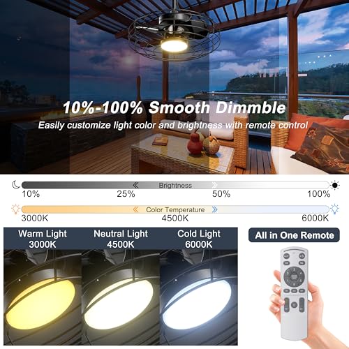 Coolbull Outdoor Ceiling Fans with Light for Patios, 20'' Wet Rated Gazebo Fan Remote&APP Control, Dimmable Hanging Fan with Plug in Cord for Pergola, Black