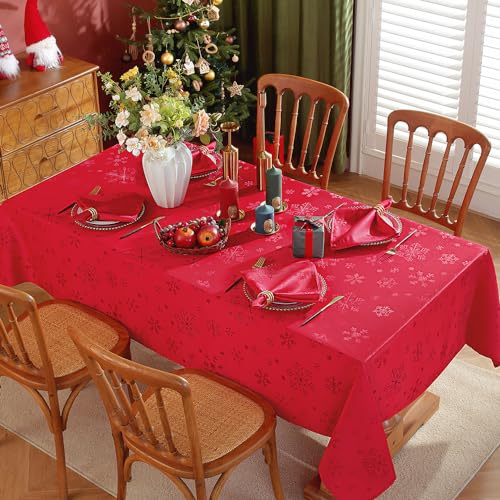 MATIRUG Christmas Tablecloth Rectangle 52x70 Inch,Waterproof Wrinkle Free Red Snowflake Jacquard Fabric Table Cloth for Xmas Winter Holiday New Year – Image 4