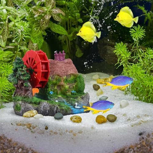 HOMSFOU Aquarium Water Wheel Ornament 4.33 in Thatched House Fish Tank Decoration Aquarium Hideout Landscape Prop for Goldfish Habitat Airflow Rotating Model for Fish Tank Accessories — view 8