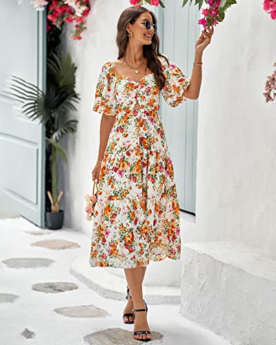 BTFBM Summer Dresses for Women 2026 Spring Outfits Beach Vacation Short Sleeve Smocked Boho Casual Floral Maxi Dress(Floral White Orange, Large) — view 3