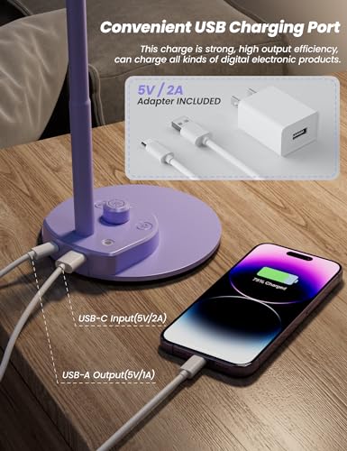 Image of BOHON LED Desk Lamp with USB Charging Port, 3 Color Modes Dim, Lilac Purple | Reading Lamp, Auto Dimming Task Lamp, Flexible Neck Table Light for Office Dorm Bedside, Adapter Include