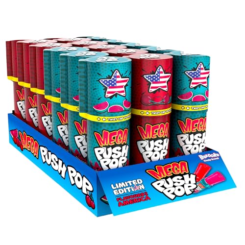 Mega Push Pop Lollipops USA Edition (Pack of 18 Lollipop Sweets Bulk) Twist Cap and Clip Tasty Kids Sweets for Party Bags Watermelon & Cherry Pie Lollies - Halal Candy