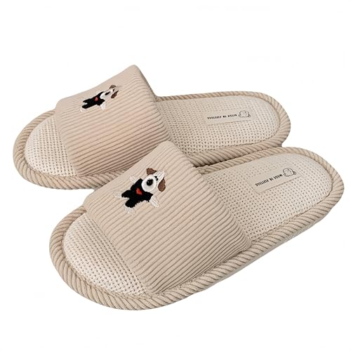 Cute Dog Linen Slippers with Rubber Sole, Women's and Men's Memory Foam Open Toe Slide Slippers, Anti-Slip House Shoes