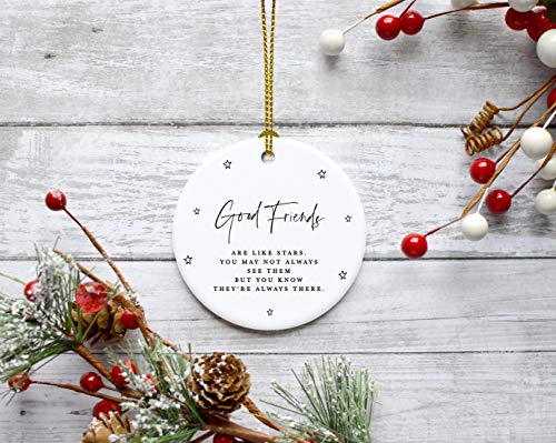 Andaz Press Round Ceramic Porcelain Christmas Tree Ornament Keepsake Collectible Friendship Gift, Good Friends Are Like Stars You Don't Always See Them, Antique Handdrawn, 1-Pack #TOP4