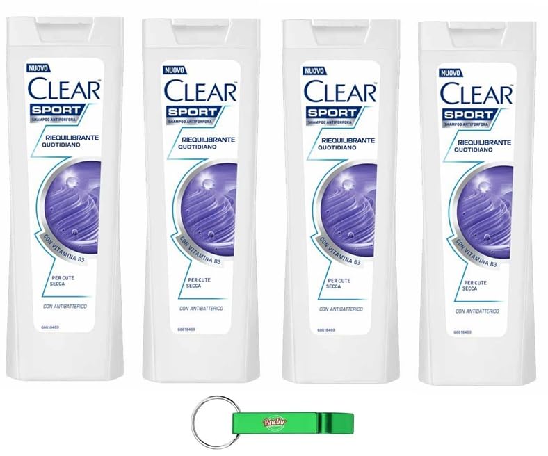 4 x Clear Shampoo Sport Riequilibrante Quotidiano – Champú anticaspa para cuero cabelludo seco 225 ml + llavero Beni Culinari gratis