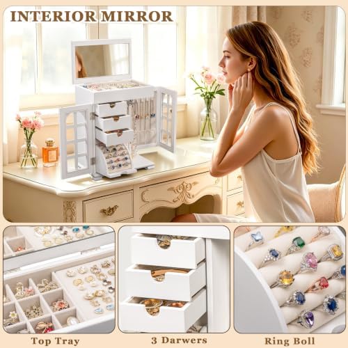 Honiway Jewelry Boxes for Women, 5 Layer Wooden Jewelry Box with Drawer & Mirror, Rustic Jewelry Organizer for Necklace Bracelet Ring Earring, Farmhouse Decor for Bedroom Dresser (Vintage White) - 4