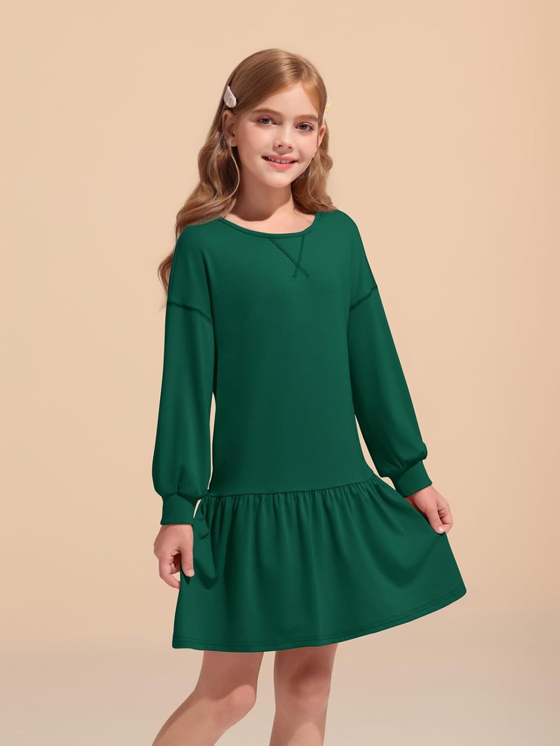 Haloumoning Girls Long Sleeve Dresses Sweatshirt Dress Kids Casual Crewneck Rib Knit Mini Dress 5-14 Years Dark Green 9-10 Years image 2 of 6 B0FCYFMFNH