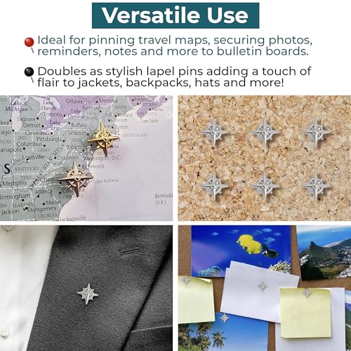 Image of Compass Push Pins - Silver Metal Compass Rose Pins - for Cork Board, Maps, or Lapel Pin Use - Designed in USA - Set of 4