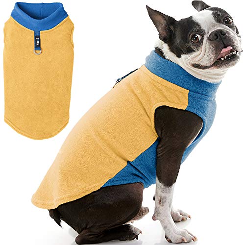Image of Gooby Half Stretch Fleece Vest Dog Sweater, Honey Mustard, Large | Soft warm fleece; Stretch fleece bottom; Two-tone colors; Back D-ring for short walks