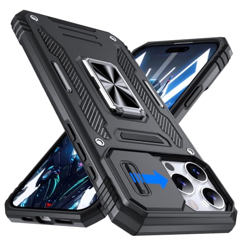 Magnetic Ring Stand & Sliding Camera Cover for iPhone 15 Pro Case Military Grade Shockproof Protective Lens Case for Phone 15 Pro Black by Cutelfon - Used condition - US$10.37