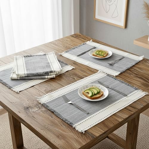 Woven Cloth Table PlaceMats Washable Dining Luxury Decorative Cotton Stripes Large Dinner Mats Modern Non Slip Kitchen Table Mats Rectangular Oversize Reversible Set of 4 Grey 14"x20"