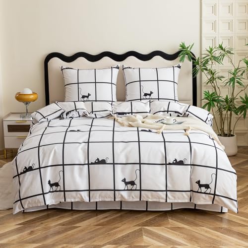 Cotton Market Bettwäsche – Bettwäsche-Sets 3 Teilig – Bettbezug 155x200 cm und 2 Kissenbezüge 70x80 cm – Karo Katze