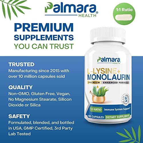 Palmara Health L-Lysine + Monolaurin 600Mg 1:1 Ratio, 1 Pack, 100 Capsules #TOP2