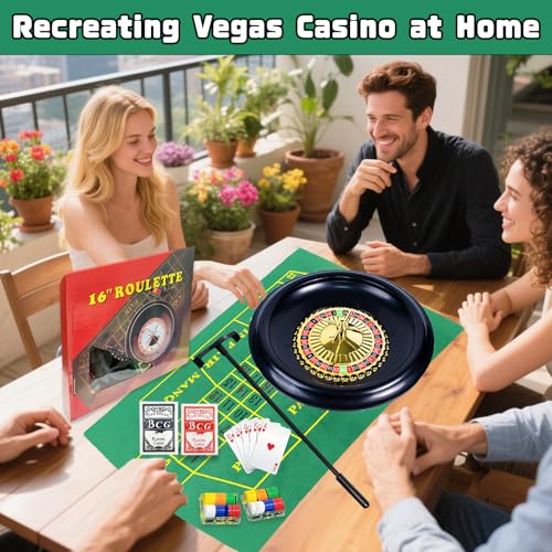 IIDEA 16 Inch Professional Roulette Wheel Set Gambling Wheel with 120 Chips,2 Decks of Cards,Reversible Game Table Mat, Rake and Balls,Casino Games Suitable for Roulette and Texas Hold\'em