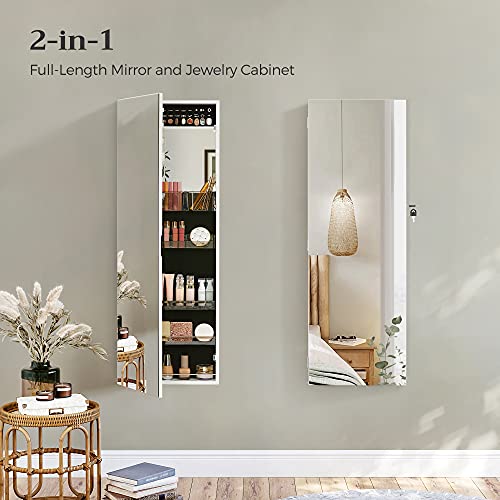 Image of SONGMICS MDF Glass Mirror Velvet Lining Lockable Jewelry Cabinet Armoire Wall-Mounted Storage Organizer With Full-Length Frameless Mirror 14.8 X 3.8 X 42.5 Inches White