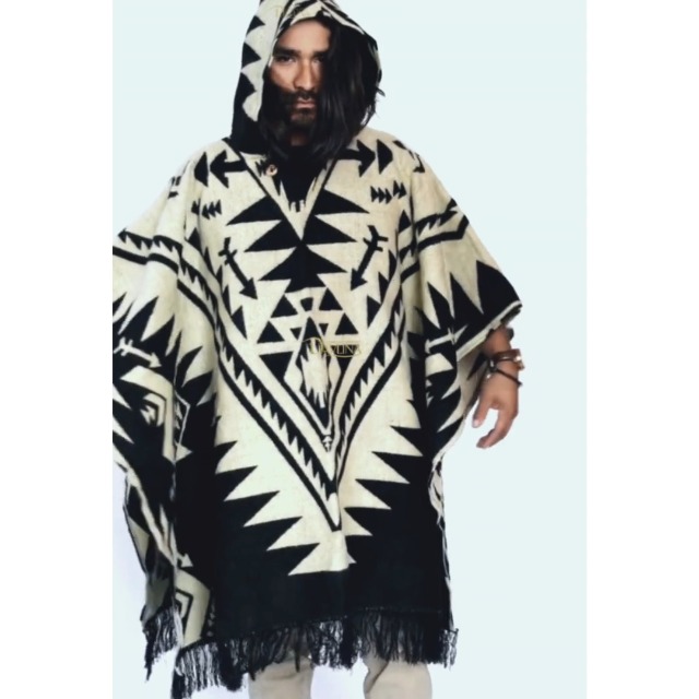 DAVLINA, ALPACA Wool Poncho Hooded and, Aztec Pattern, Unique and