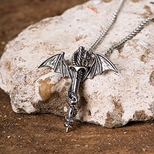 Haquil Silver Dragon Sword Stainless Steel Punk Rock Pendant Dragon Vintage Punk Animal Dragon Gothic Necklace For Mens Perfect Dragon Gifts Necklace For Men #TOP3