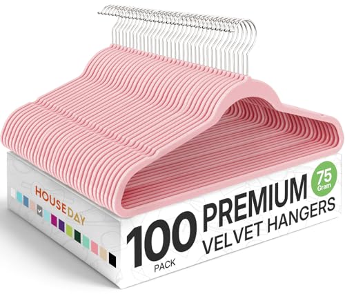 HOUSE DAY Premium Velvet Hangers 100 Pack Light Pink, Non-Slip Flocked Felt Hangers, Sturdy Clothes Hanger with 360° Rotatable Hook, Heavy Duty Durable Slim Coat Hanger for Closet Space Saving