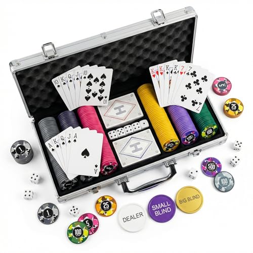 HEITOK Pokerkoffer 300 Chips Set - 11,5g Schwere ABS Wertchips Mit Metallkern & Alu Koffer - Texas Holdem Poker Set Inkl 2 Kartendecks, Dealer, Big & Small Blind Buttons, Würfel Für Casino Party