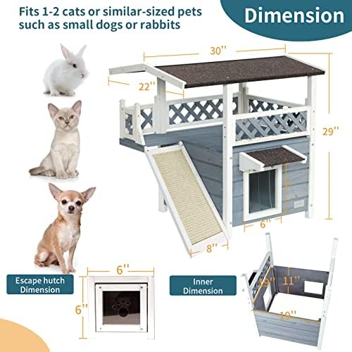 Petsfit Cat Wooden House, Waterproof House Cat Outdoor, Cat Outdoor Shelter with Cat Scratching Pad, Balcony (Grey)
