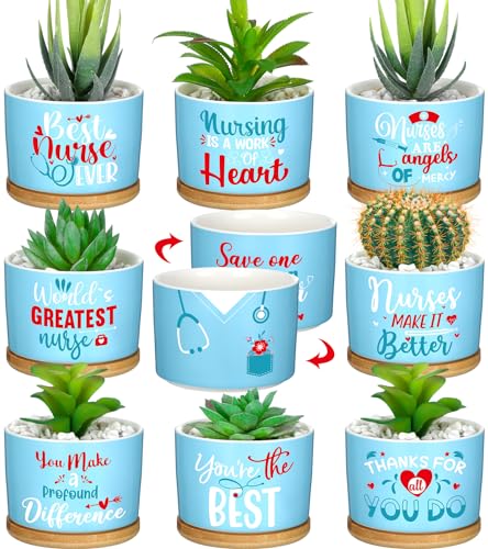 Domensi 9 Pcs Nurse Appreciation Gifts Ceramic Succulent Plant Pot with Bamboo Tray Ceramic Planter Accessories for Nurse Ever Gift Nurse Graduation Season Birthday Gifts