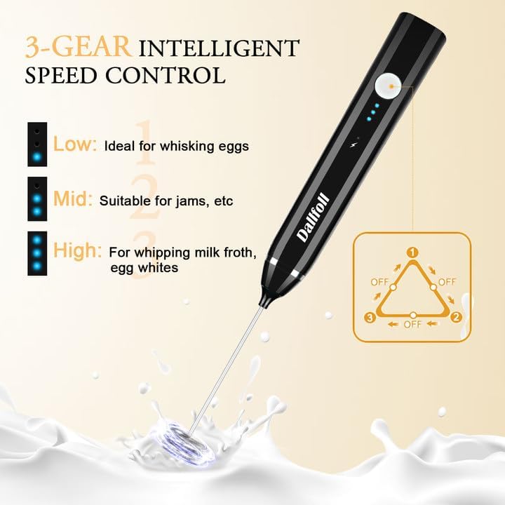 Dallfoll Milk Frother showing three speed settings with indicator lights