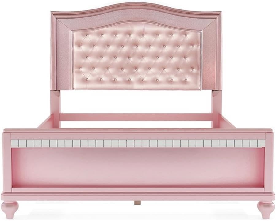 Bowery Hill Contemporary Queen Panel Bed, Solid Wood and Veneers, Faux Leather Rose Gold Finish, Diamond Button Tufted Headboard, Acrylic Accented Footboard, 88.25 x 65 x 60 in, Kids Bedroom Furniture