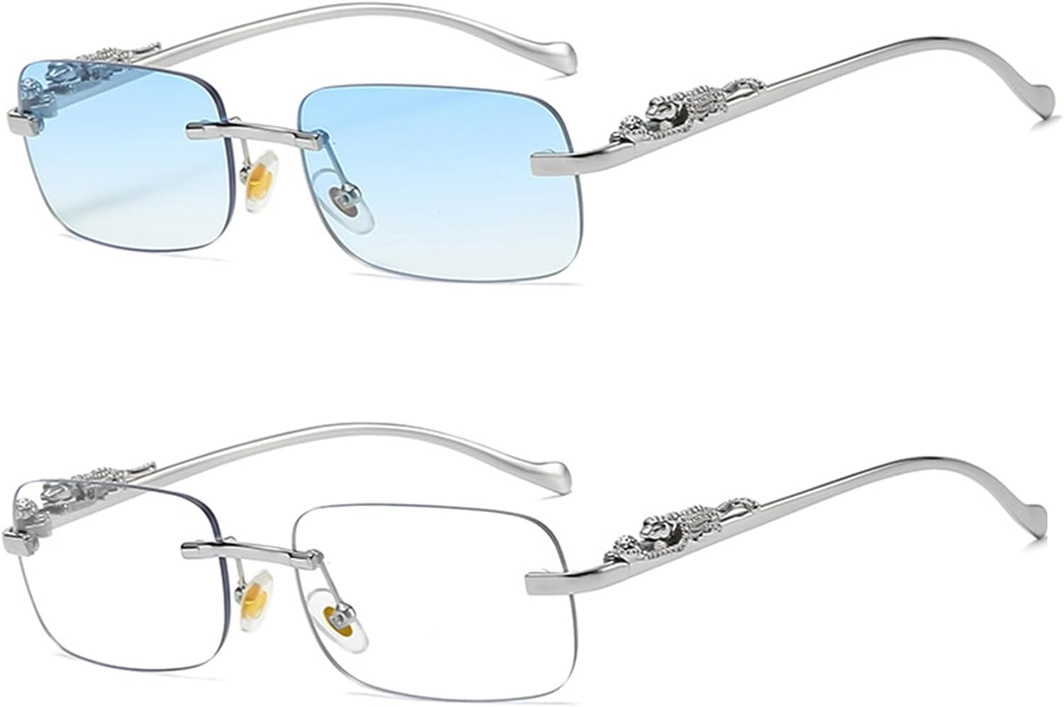 Vintage Small Rimless Rectangle Sunglasses Metal Gold Silver Leopard Eyewear for Women Men