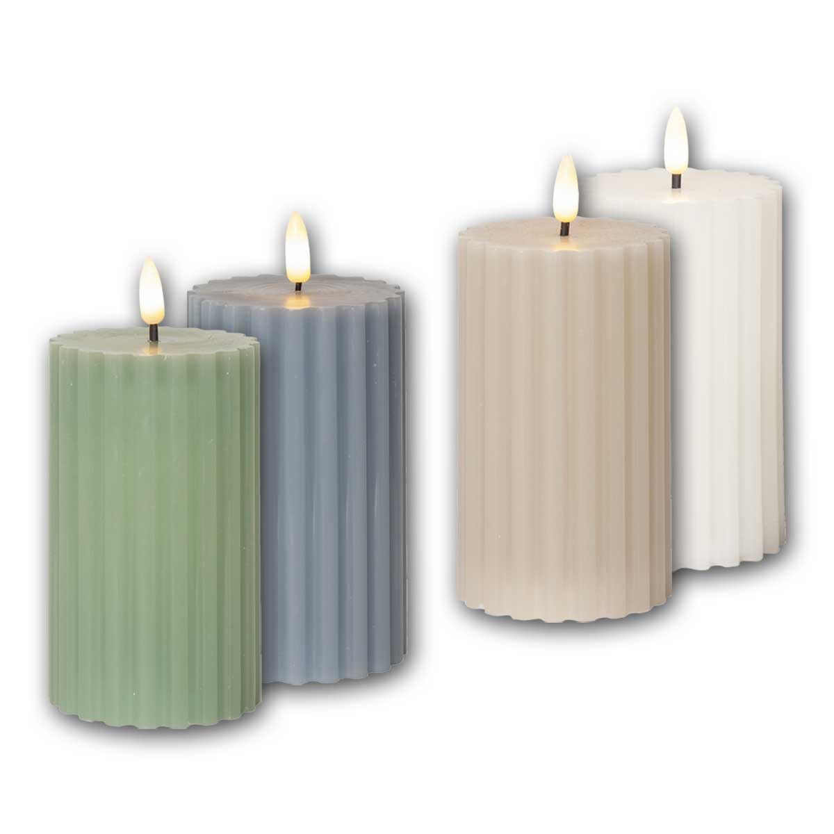 4-częściowy zestaw świec LED "Stripe", wysokość 15 cm, średnica 7,5 cm, biały, beżowy, zielony, niebieski, timer, płomień 3D